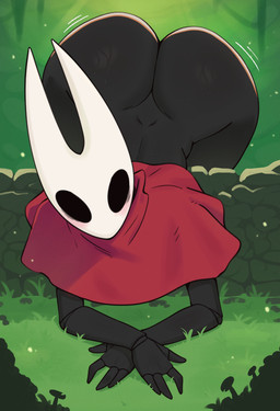 4_fingers ass_up black_arms black_body black_butt black_exoskeleton black_fingers black_hands blush bottomless butt clothed clothing exoskeleton fingers grass plant red_clothing solo white_head haolksou hollow_knight_(franchise) team_cherry hornet_(hollow_knight) arthropod