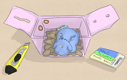 1_horn ambiguous_feral ambiguous_gender blue_body blue_fur box_cutter container eyes_closed feathered_wings feathers feral fur high-angle_view horn knife lying neonate on_front simple_background sleeping solo sparkles tail tan_background teal_tail text white_horn wings young young_ambiguous young_feral carpdime fluffy_pony mythology equid equine fluffy_pony_(species) mammal mythological_creature mythological_equine winged_unicorn digital_media_(artwork) english_text