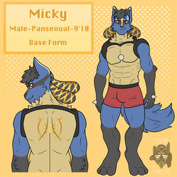 abs alternate_species alternate_universe anthro arceus_symbol black_body black_fur black_hair black_nose blue_body blue_fur boxers_(clothing) bulge chest_spike clothed clothing description digitigrade digitigrade_paws fingers fluffy fluffy_tail front_view fur golden_markings hair hand_spike information information_box information_section looking_at_viewer male markings metal mostly_nude multicolored_body multicolored_fur muscular muscular_anthro muscular_male neck_tuft no_shading number pecs rear_view red_eyes simple_background smile snout solo spikes spikes_(anatomy) standing tail tall text topless tuft underwear yellow_background smuckaz_(rikko) game_freak nintendo pokemon fan_character micky_(neitimicky) generation_4_pokemon lucario pokemon_(species) 1:1 absurd_res digital_media_(artwork) english_text full-length_portrait half-length_portrait hi_res model_sheet portrait species_name watermark