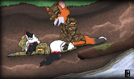 anthro army_uniform clothing dirty duo from_behind_position male male/male moan mud nature outside river sex smile uniform charliebnnuy canid canine fox mammal hi_res