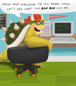 anthro chair computer detailed_background electronics eyewear furniture glasses greeting male sitting solo text guavanzo mario_bros nintendo bowser koopa scalie 2020 absurd_res english_text hi_res