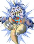 anthro anus balls bed_sheet bedding belly blush bodily_fluids buried_penis butt claws genitals looking_at_viewer lying male moobs overweight overweight_anthro overweight_male paws penis simple_background solo sweat chibineco bandai_namco digimon digimon_(species) gabumon 2019 hi_res