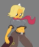 4_fingers anthro belt belt_buckle blonde_hair breasts brown_nose buckle clothing crop_top female fingers grey_background hair horn navel scarf shirt simple_background simple_eyes skateboard solo thong topwear underwear vehicle yellow_body nerobero0 adventure_time cartoon_network bronwyn_(adventure_time) bear canid canine canis domestic_dog hybrid mammal rainicorn hi_res