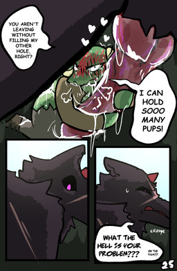 anthro bestiality big_penis black_body black_fur blush bodily_fluids cum dialogue duo erection female feral fur genital_fluids genitals horn hugging_penis male male/female penis size_difference tail text brradett lernie_(brradett) canid canine mammal scalie absurd_res comic english_text hi_res