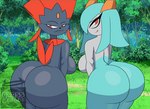 anthro ass_to_ass bedroom_eyes big_breasts big_butt biped breasts butt butt_ripples duo female female/female huge_butt looking_at_viewer looking_back looking_back_at_viewer narrowed_eyes outside rear_view seductive symmetrical_motion symmetry symmetry_(reflectional) thick_thighs cross_samax nintendo pokemon generation_3_pokemon generation_4_pokemon kirlia pokemon_(species) shiny_pokemon weavile animated short_playtime