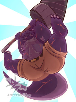 anthro armpit_hair beard belly belly_hair belt big_tail body_hair bottomwear cargo_shorts chest_hair claws clothed clothing drill facial_hair falling grey_hair hair hammer holding_object holding_weapon looking_at_viewer male male_anthro musclegut muscular muscular_male purple_body scar sharp_teeth shorts solo spread_legs spreading tail teeth toe_claws tools topless topless_anthro topless_male weapon justwatchingthings mythology kraid_trovel dragon mythological_creature mythological_scalie scalie 3:4 hi_res