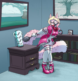 anthro apron ball_gag bdsm biped bondage bookshelf bound breasts chastity_cage chastity_device cleaning cleaning_tool clothing detailed_background feather_duster footwear fur furniture gag gagged genitals gynomorph hands_behind_back high_heels holding_object inside intersex lock maid_uniform markings metal_chastity_cage painting_(object) penis picture_frame plant pumps red_ball_gag ribbons shoes solo spots spotted_body spotted_fur standing submissive submissive_anthro submissive_gynomorph submissive_intersex tree uniform vase peskybatfish gina_marie felid feline lynx mammal 2018 absurd_res digital_media_(artwork) hi_res trans_(lore) trans_woman_(lore)