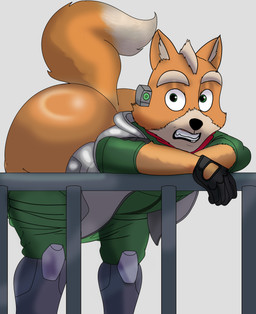 anthro ass_up assisted_exposure big_butt butt clenched_teeth clothing dipstick_tail femboy green_eyes jacket male markings pantsed_male pantsing solo tail tail_markings teeth tight_clothing topwear wide_hips binkykun nintendo star_fox the_super_mario_bros_movie fox_mccloud canid canine fox mammal absurd_res hi_res