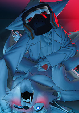 ahegao anal anal_penetration animal_genitalia anthro anthro_on_anthro anthro_penetrated anthro_penetrating anthro_penetrating_anthro biped blue_eyes blush bodily_fluids cheek_tuft chest_tuft clothing coat duo facial_tuft fangs from_front_position fucked_silly fur gas_mask genitals handjob handjob_while_penetrating head_tuft heart_eyes heart_symbol inner_ear_fluff inside kemono lab_coat looking_pleasured lying male male/male male_penetrated male_penetrating male_penetrating_male mask missionary_position on_back open_mouth penetration penile penis pupils questionable_consent red_eyes saliva sex sharp_teeth slit_pupils sweat teeth tongue tongue_out topwear tuft white_body white_fur katahane3 changed_(video_game) dr._k_(changed) lin_(changed) canid canine mammal 2021 absurd_res hi_res