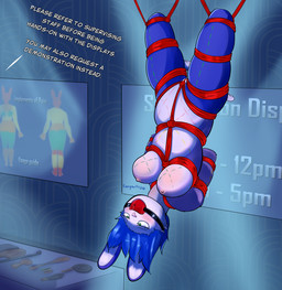 anthro bdsm body_writing bondage bound female gag genitals solo submissive submissive_anthro submissive_female suspension vulva whip_mark kangartroo emerin_(kangartroo) hi_res