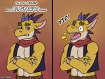 2024 2_panel_comic alcitron_(artist) anthro belt bracelet claws clothing crossed_arms dialogue digital_drawing_(artwork) digital_media_(artwork) english_text eugene_(alcitron) hi_res horn jewelry kobold looking_at_viewer male male_anthro open_mouth purple_eyes scales scarf sharp_teeth signature simple_background solo teeth text topwear vest yellow_body yellow_scales