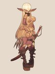 balls big_balls big_penis boots breasts brown_boots brown_clothing brown_collar brown_footwear clothing collar footwear genitals gynomorph hair hair_over_eyes huge_penis humanoid_pointy_ears ineffective_clothing intersex kunai long_hair melee_weapon not_furry pasties penis pink_clothing pink_thong pink_underwear pointy_ears shoes solo sword thick_thighs thong torn_thigh_highs underwear vial weapon white_hair wide_hips rapscallion elf humanoid 2023 hi_res