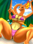 absurd_res anthro beach big_breasts bikini breasts camel_toe charizard claws clothed clothing dragon female fire flaming_tail generation_1_pokemon hi_res link6432 looking_at_viewer mammal mature_female membrane_(anatomy) membranous_wings mythological_creature mythological_scalie mythology nintendo nipple_outline open_mouth pokemon pokemon_(species) scalie seaside solo swimwear tail tongue wings