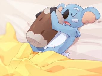 5_fingers anthro bed bedding black_nose blanket blue_body blue_fur blush eyes_closed fingers flaccid fur furniture genitals gloves_(marking) holding_object log lying male markings nude on_back on_bed open_mouth penis simple_background sleeping solo under_covers white_body white_fur wood 123autumn nintendo pokemon generation_7_pokemon komala mammal marsupial pokemon_(species) 2016