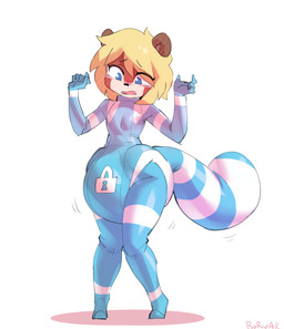 anthro blonde_hair blue_eyes blush clothed clothing diaper diaper_fetish diaper_under_clothing diaper_under_skinsuit femboy hair implied_chastity latex latex_clothing latex_skinsuit lock_symbol locked_diaper male skinsuit solo standing tight_clothing wearing_diaper borvar ashi_(ashizero) canid canine mammal raccoon_dog tanuki 2022 hi_res