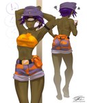 1_eye armband athletic athletic_female barefoot belt bottomwear cargo_shorts clock clothing crop_top dark_body dark_skin electronics eyeliner eyeshadow feet female hair hands_behind_head hat headgear headwear holding_object holding_phone lips makeup midriff navel not_furry orange_eyes orange_lips phone purple_hair raised_arm shirt short_hair shorts simple_background soles solo standing text text_on_clothing text_on_topwear topwear watch hardtones petra_(hardtones) cyclops humanoid 2022 english_text hi_res signature