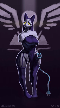 4_fingers anthro bedroom_eyes big_breasts blue_tail bottomwear breasts clothing cybernetics female fingers genitals glowing hands_together humanoid_genitalia humanoid_vulva legwear loincloth machine narrowed_eyes nun_outfit seductive solo tail thick_thighs vulva wide_hips cheese09 deltarune undertale_(series) tasque_manager tasque_manager_(nun) 4k 9:16 absurd_res hi_res