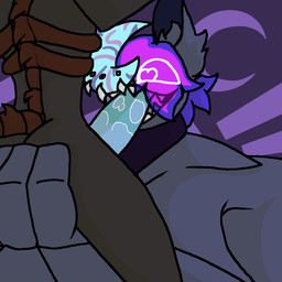anthro blue_body blue_horn bone collar duo fellatio female genitals glowing glowing_eyes grey_body hair hand_on_butt happy held_up horn inner_ear_fluff larger_female male male/female moon obedient oral penile penis pointy_ears prick_ears purple_hair sex sharp_teeth simple_background size_difference smaller_male spikes spine submissive submissive_female teeth tuft mrbadfox mario_bros nintendo chain_chomp hybrid 1:1 animated hi_res
