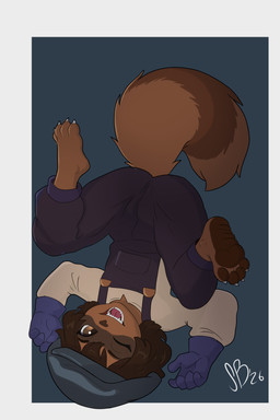 4_toes 5_fingers alternate_species anthro arms_bent barefoot bent_legs black_clothing black_overalls blue_clothing blue_gloves blue_handwear border brown_body brown_eyebrows brown_eyes brown_fur brown_hair brown_markings brown_nose brown_pawpads butt claws clothed clothed_anthro clothed_female clothing dark_eyebrows dark_hair dark_nose dark_pawpads exposure_variation eyebrows eyelashes facial_markings fangs feet female female_anthro fingers flat_chested fluffy fluffy_tail front_view full_foot_pawpads fully_clothed fully_clothed_anthro fully_clothed_female fur furrification gloves grey_background grey_clothing grey_hat grey_headwear hair handwear happy hat head_markings headgear headwear hindpaw humanoid_hands humanoid_heel iris looking_at_viewer markings mask_(marking) one_eye_closed open_mouth open_smile outside_border overalls pawpads paws pink_tongue plantigrade plantigrade_pawpads pupils sharp_teeth short_hair simple_background smile smiling_at_viewer solo spread_legs spreading tail tail_markings tan_clothing tan_topwear teeth toe_claws toes tongue topwear upside_down white_border white_claws white_sclera wink winking_at_viewer young young_anthro young_female smol_boye atlantis:_the_lost_empire disney audrey_ramirez mammal procyonid raccoon 2026 2:3 absurd_res dated full-length_portrait hi_res portrait shaded
