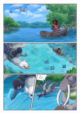 ambiguous_gender anthro biped black_body black_fur black_tail clothed clothing cloud day dialogue dialogue_box feral flower flying fur grey_body hat headgear headwear open_mouth outside plant proboscis_(anatomy) riding saddle smile speech_bubble tail text trunk_(anatomy) water bjekkergauken mythology imbali_(bjekkergauken) isilo_(bjekkergauken) avian elephant elephantid gryphon humanoid mammal mythological_avian mythological_creature proboscidean unknown_species 2026 colored comic english_text hi_res