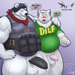 anthro arm_around_shoulders armor ball_tuft balls belly black_penis blush bodily_fluids bottomless bottomless_anthro bottomless_male clothed clothing dialogue duo emanata erection eye_patch eyewear foreskin genital_fluids genitals gun handgun headgear helmet humiliation kerchief leaking_precum long_foreskin male male/male mature_male musclegut muscular muscular_anthro muscular_male overweight overweight_male penis penis_humiliation penis_size_comparison penis_size_difference pink_foreskin pink_penis pistol precum ranged_weapon rifle saggy_balls shirt size_difference small_penis_humiliation speech_bubble sweat sweatdrop text text_on_clothing text_on_shirt text_on_topwear tight_foreskin topwear tuft unretracted_foreskin weapon kelsdungeon epic_games fortnite friendlyursa polar_patroller bear mammal polar_bear ursine 1:1 english_text hi_res