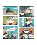 2020 anthro bonasiah clothing comic deebo_(zoohomme) dialogue domestic_cat english_text eyes_closed felid feline felis fur grey_body grey_fur group hand_holding hi_res humanoid_hands kemono kura_(zoohomme) male mammal overalls overweight overweight_male procyonid quanjiang question_mark raccoon robe rocco_(zoohomme) shirt text topwear young zoohomme