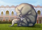 anthro big_butt biped breasts butt casual_nudity eyelashes eyeliner eyes_closed female grey_body grey_skin makeup naked_yoga nude outdoor_nudity outside side_view solo trunk tusks yoga asutatinn61 disney zootopia nangi_(zootopia) elephant elephantid mammal proboscidean 2024 hi_res