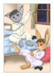 anthro bed black_hair blue_eyes border bottomwear brown_body brown_fur brown_hair bulge clothed clothing curtains digitigrade dressing feet fur furniture grey_body grey_fur hair inside male night pajamas pants paws plantigrade raining shirt shota sleepover soles topwear white_border window young young_anthro hitsunekun bramble_(hitsunekun) kamui_(hitsunekun) domestic_cat felid feline felis lagomorph leporid mammal rabbit comic hi_res