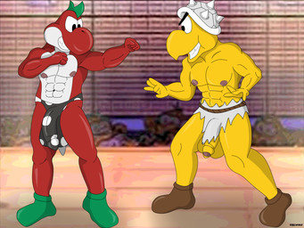 anthro armor balls balls_outline big_balls big_nipples big_penis boots bottomwear bulge clothing detailed_bulge duo fight fighting_pose fighting_ring flaccid footwear foreskin genital_outline genitals headgear helmet ineffective_clothing ineffective_loincloth loincloth male male/male muscular muscular_anthro muscular_male nipples penis penis_outline pose prehistoric red_body ring shoes teeth thong underwear white_eyes yellow_body ciel-wolf mario_bros mythology nintendo paper_mario paper_mario:_the_thousand_year_door jr_troopa the_great_gonzales_jr dinosaur dragon koopa koopa_troopa mythological_creature mythological_scalie prehistoric_species red_yoshi reptile scalie tortoise turtle yoshi 4:3 hi_res