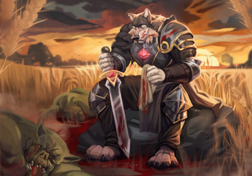 4_toes anthro armor arms_on_thighs biped black_armor blank_stare blood blood_on_armor blood_on_clothing blood_on_face blood_on_ground blood_on_mouth blood_on_object blood_on_tongue blood_on_weapon blood_puddle bodily_fluids brown_body brown_fur closed_frown clothed clothed_male clothing cloud cloudy_sky corpse detailed_background emblem feet field frown full_body_armor fully_clothed fully_clothed_male fur gem heavy_armor holding_cloth holding_object holding_weapon horizon male medieval_armor melee_weapon mouth_closed multicolored_armor multicolored_body multicolored_fur muscular muscular_male on_rock orange_eyes outside paws pink_gem pivoted_ears plate_armor rock sitting sitting_on_rock sky steel_armor sunset sword tan_body tan_fur toes two_tone_armor weapon wheat_field morshok alfonso_(raccsdatfapps) canid canine canis goblin iberian_wolf mammal wolf 2026 absurd_res digital_drawing_(artwork) digital_media_(artwork) hi_res