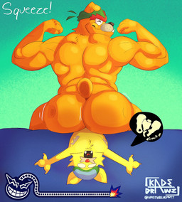 anthro butt crush duo dwarfism flexing imminent_sex looking_at_viewer male male/male muscular muscular_male orange_body pain rear_view size_difference skinny smile tail yellow_body kadedrawz nintendo warioware dribble_(warioware) spitz_(warioware) bulldog canid canine canis domestic_cat domestic_dog felid feline felis mammal mastiff molosser hi_res
