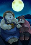 anthro blush clothing duo hat headgear headwear leaning lute male moon mountain musical_instrument night one_eye_closed overalls overweight overweight_male playing_music plucked_string_instrument seaside shirt sitting straw_hat string_instrument topwear ukulele water wink norataro bear mammal polar_bear ursine 2017