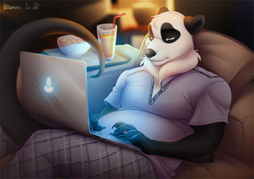 5_fingers anthro black_nose clothed clothing computer electronics fingers laptop male sitting solo kammi-lu bear giant_panda mammal 2020 digital_media_(artwork)