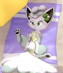 alolan_form alolan_vulpix bikini bow_(feature) bow_accessory clothing coffeefly ear_bow female feral freckles generation_7_pokemon genitals green_bow green_eyes hi_res juniper_(coffeefly) nintendo pokemon pokemon_(species) pussy regional_form_(pokemon) sand solo spreading swimwear towel umbrella