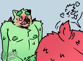 anthro blush butt crystal duo flustered fur genitals green_body green_fur male male/male nipples penis pink_body pink_fur presenting presenting_hindquarters smug tail tail_motion tailwag sirozinn buza_(sirozinn) koro_(sirozinn) bear kryro mammal
