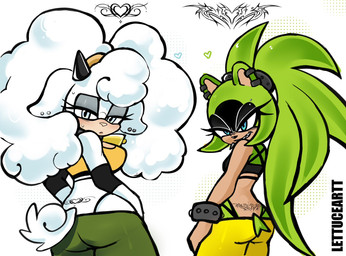 anthro black_clothing black_horn black_thong black_underwear bodily_fluids butt clothing duo ear_piercing female fur green_body green_fur heart_symbol horn looking_at_viewer looking_back looking_back_at_viewer piercing simple_background sweat tattoo thong tramp_stamp underwear white_background white_body white_fur white_wool wool_(fur) lettuceartt idw_publishing sega sonic_the_hedgehog_(comics) sonic_the_hedgehog_(idw) sonic_the_hedgehog_(series) lanolin_the_sheep_(sonic) surge_the_tenrec afrosoricid bovid caprine mammal sheep tenrec 2026 hi_res