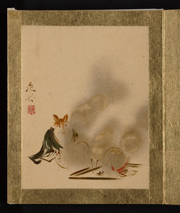 ambiguous_gender anthro asian_clothing biped campfire clothed clothed_anthro clothing east_asian_clothing fire fur haori japanese_clothing simple_background sitting smoke solo text topwear whiskers shibata_zeshin public_domain canid canine fox mammal 19th_century absurd_res ancient_art hi_res japanese_text painting_(artwork) traditional_media_(artwork) traditional_painting_(artwork) translation_request