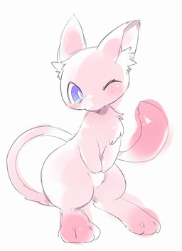 3_toes ambiguous_anthro ambiguous_gender anthro biped blue_eyes chest_tuft chibi crotch_tuft dipstick_tail featureless_crotch feet fluffy front_view fur glistening glistening_body glistening_fur inner_ear_fluff kemono looking_at_viewer markings monotone_body monotone_fur mouthless nude one_eye_closed paws pear-shaped_figure pink_body pink_ears pink_fur pink_tail pink_tail_tip pupils semi-anthro simple_background solo standing tail tail_markings three-quarter_view toeless_(marking) toes tuft white_background white_inner_ear white_inner_ear_fluff white_pupils wide_hips wink suppainu nintendo pokemon generation_1_pokemon legendary_pokemon mammal mew_(pokemon) pokemon_(species) colored digital_media_(artwork) full-length_portrait hi_res portrait shaded