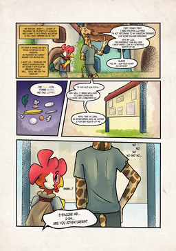 anthro beak clothed clothing dialogue duo fantasy fingers male male/male simple_background text zaryuzu_73 dungeons_and_dragons hasbro wizards_of_the_coast dabari_(zaryuzu_73) fern_(zaryuzu_73) avian bird chicken galliform giraffe giraffid mammal phasianid comic digital_media_(artwork) english_text hi_res