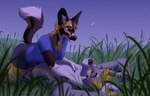 anthro black_nose blue_eyes breasts clothed clothing detailed_background duo eyebrows eyelashes female grass lying night on_back outside plant romantic romantic_couple sky smile star starry_sky sinalanf vork_(vorktheartist) wolfool_(wolfool) african_wild_dog canid canine canis domestic_dog mammal 2021 digital_media_(artwork)