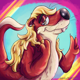 abstract_background anthro arched_back blonde_hair claws ear_piercing ear_ring finger_claws fur gesture hair half-closed_eyes hand_gesture long_hair looking_at_viewer male multicolored_body multicolored_fur narrowed_eyes piercing red_body red_fur ring_piercing smile solo tail tan_body tan_fur teeth_showing text two_tone_body two_tone_fur v_sign whiskers undergreysnest otis_otterton mammal mustelid otter 1:1 2025 colored dated english_text portrait shaded signature