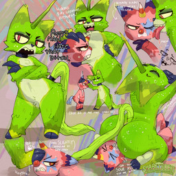 1_horn abstract_background anthro big_butt biped blue_hooves blue_nose bodily_fluids butt cheek_spots crossed_arms dialogue duo eye_contact eyebrows eyelashes eyes_closed face_lick facesitting featureless_chest feet female female/female flat_chested foot_fetish foot_on_face frown green_body hooves horn licking looking_at_another multicolored_body open_frown open_mouth open_smile pinata pink_body pink_tongue profanity red_eyes sharp_teeth shortstack sitting_on_another size_difference smile standing sweat tail teeth text tongue tongue_out yellow_sclera sharkysocks poppy_(sharkysocks) yvette_(sharkysocks) animate_inanimate living_pinata 1:1 english_text hi_res