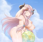 accessory areola ball beach_ball big_breasts blush blush_lines bodily_fluids breasts cloud eyelashes female grey_horn hair hair_accessory hair_over_eye holding_ball holding_object horn huge_breasts humanoid_pointy_ears inflatable long_hair navel nipples nude one_eye_obstructed pink_areola pink_hair pink_nipples purple_eyes sky smile smiling_at_viewer solo sweat sweatdrop tan_body tan_skin thick_thighs wet wide_hips chikage100 cygames granblue_fantasy narmaya draph horned_humanoid humanoid
