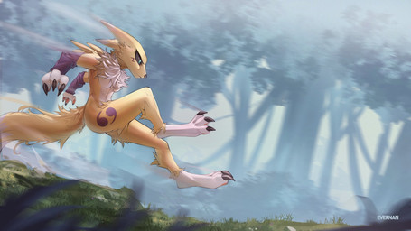 3_fingers action_pose anthro arm_tuft armwear athletic black_claws black_nose black_sclera blue_eyes breasts bridal_gauntlets chest_tuft claws clothed clothed/nude clothing double_tomoe eyelashes facial_markings female fingers fluffy forest fur fur_markings grass head_markings hunting jumping leaf leg_markings long_ears long_tail markings motion_lines neck_tuft nude outside pawpads pink_pawpads plant pose purple_body purple_clothing purple_fur rock running serious shoulder_tuft slim solo tail text thigh_markings tomoe_(symbol) tree tuft yellow_body yellow_fur evernan24 bandai_namco digimon digimon_(species) renamon 16:9 artist_name hi_res widescreen