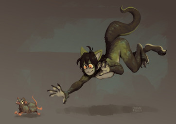 action_pose all_fours ambiguous_gender black_hair breasts cat_smile claws digitigrade duo fangs featureless_breasts female feral finger_claws fur green_body green_scales grey_body grey_fur hair happy hunting jumping long_tail mouse_ears nails nude pointy_ears pose scales scared sharp_nails short_hair smile tail teeth thick_tail thin_tail toe_claws yellow_eyes pavanz fio_(wemsters) animal_humanoid humanoid lizard_humanoid mammal murid murine rat reptile reptile_humanoid rodent scalie scalie_humanoid digital_media_(artwork) digital_painting_(artwork) hi_res painting_(artwork)