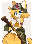 anthro arm_tuft armor big_breasts bikini blonde_hair blue_eyes breasts chest_tuft clothing eyelashes female fur glistening glistening_body glistening_breasts glistening_thighs gold_bikini gun hair headgear helmet licking licking_lips ranged_weapon rifle shoulder_tuft solo swimwear thick_thighs tongue tongue_out tuft two-piece_swimsuit weapon white_body white_fur yellow_body yellow_fur kat_kitt golden_week canid canine fox mammal 2025 absurd_res digital_drawing_(artwork) digital_media_(artwork) hi_res pixel_(artwork)