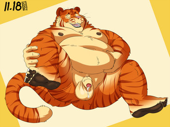 anthro balls belly_grab bodily_fluids countershade_balls countershade_crotch countershade_face countershade_genitalia countershade_torso countershading cum cum_drip dripping eyes_closed flaccid fur genital_fluids genitals humanoid_genitalia humanoid_penis male markings nipples obese obese_anthro obese_male open_mouth open_smile overweight overweight_anthro overweight_male penis simple_background smile solo spread_legs spreading striped_body striped_fur striped_markings striped_tail stripes tail tail_markings whiskers kronexfire felid mammal pantherine tiger 2017