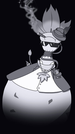 ambiguous_gender clock clothing eyewear hat headgear headwear holding_money holding_object jewelry leaf leaf_arms money necklace smoke solo sunglasses watch wristwatch trainer-mana nintendo pokemon generation_9_pokemon mega_evolution mega_victreebel pokemon_(species) 2025 9:16 hi_res monochrome