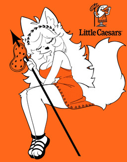 alternate_species anthro clothing eyes_closed female fluffy fluffy_tail food footwear fur furrification male melee_weapon orange_background orange_clothing paws pizza polearm sandals shoes simple_background solo spear tail weapon white_body white_fur medikitten little_caesars canid canine canis human mammal wolf hi_res