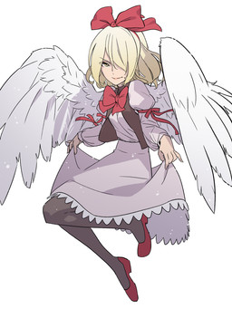 accessory black_clothing black_legwear black_pantyhose black_topwear black_vest blonde_hair blouse bottomwear bow_ribbon bow_tie clothed clothed_female clothed_humanoid clothing clothing_lift feathered_wings feathers female footwear fully_clothed fully_clothed_female fully_clothed_humanoid hair hair_accessory hair_bow hair_over_eye hair_ribbon legwear long_sleeves one_eye_obstructed pantyhose puffy_sleeves red_bow_tie red_clothing red_footwear red_hair_bow red_shoes ribbons shoes simple_background skirt skirt_lift solo topwear vest white_background white_blouse white_bottomwear white_clothing white_skirt white_topwear white_wings wings yellow_eyes kawayabug touhou gengetsu_(touhou) humanoid winged_humanoid 2019 full-length_portrait hi_res portrait